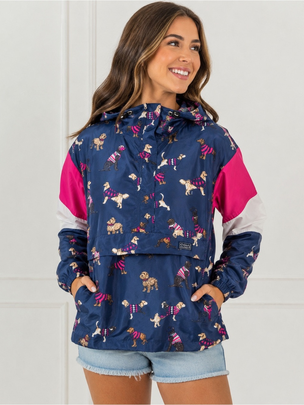 Simply Southern Dog Print Hooded Anorak Windbreaker Jacket Navy Pink Size L